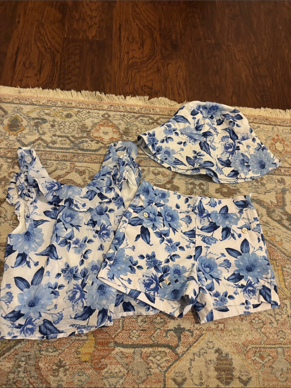 Janie and Jack Blue Floral Tank, Shorts & Bucket Hat Set